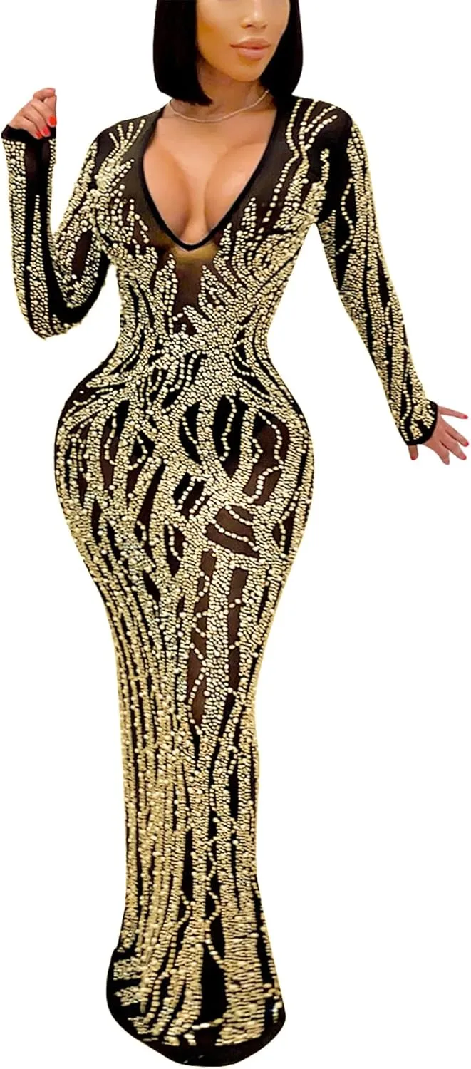 PORRCEY Women Sexy Rhinestone Long Sleeve Mesh See Through Party Club Night Formal Evening Dress
