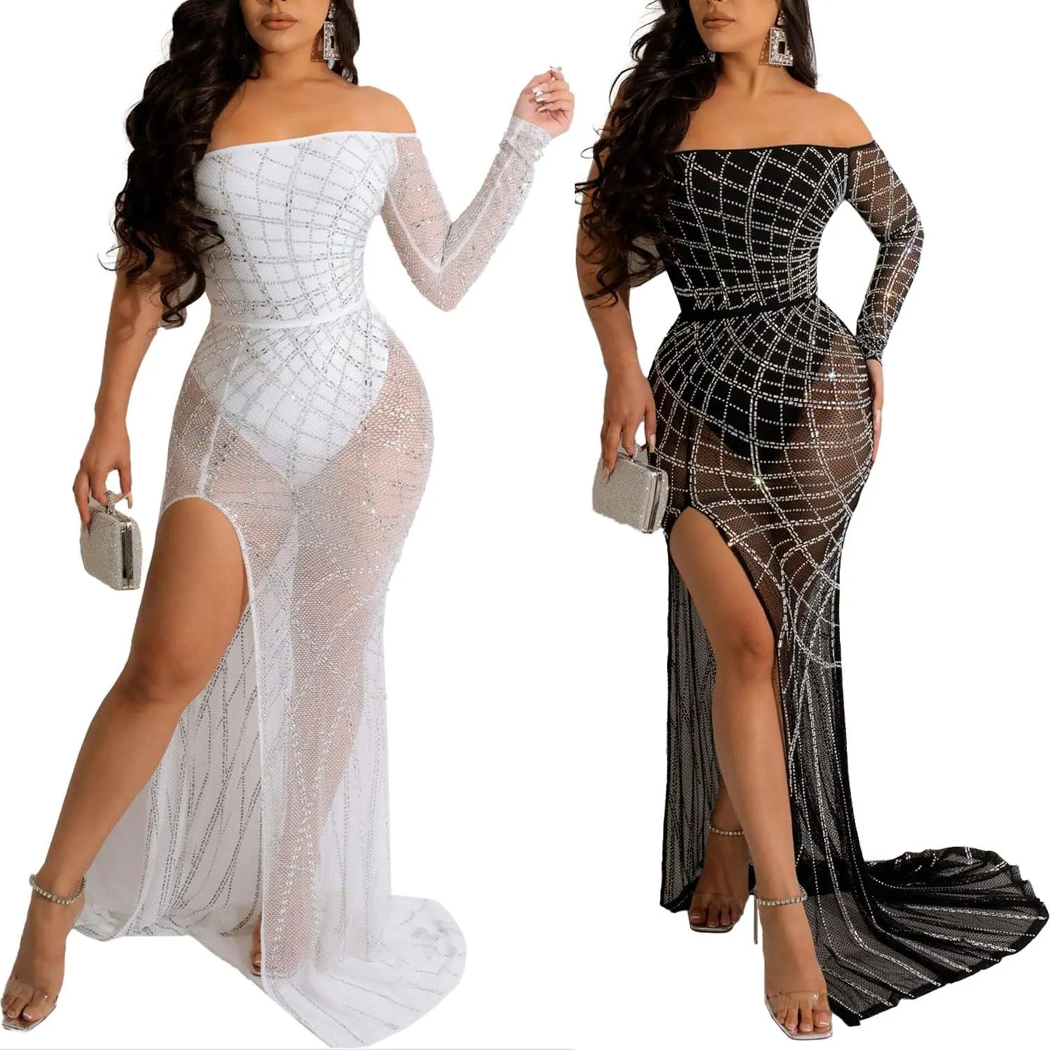 PORRCEY Women Sexy Rhinestone Long Sleeve Mesh See Through Party Club Night Formal Evening Dress