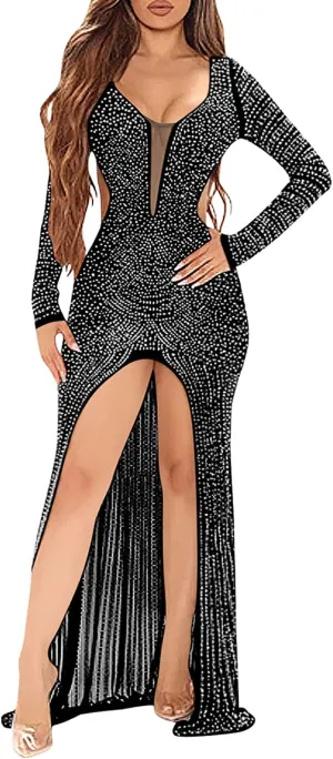 PORRCEY Women Sexy Rhinestone Long Sleeve Mesh See Through Party Club Night Formal Evening Dress