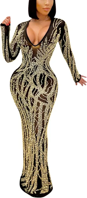 PORRCEY Women Sexy Rhinestone Long Sleeve Mesh See Through Party Club Night Formal Evening Dress