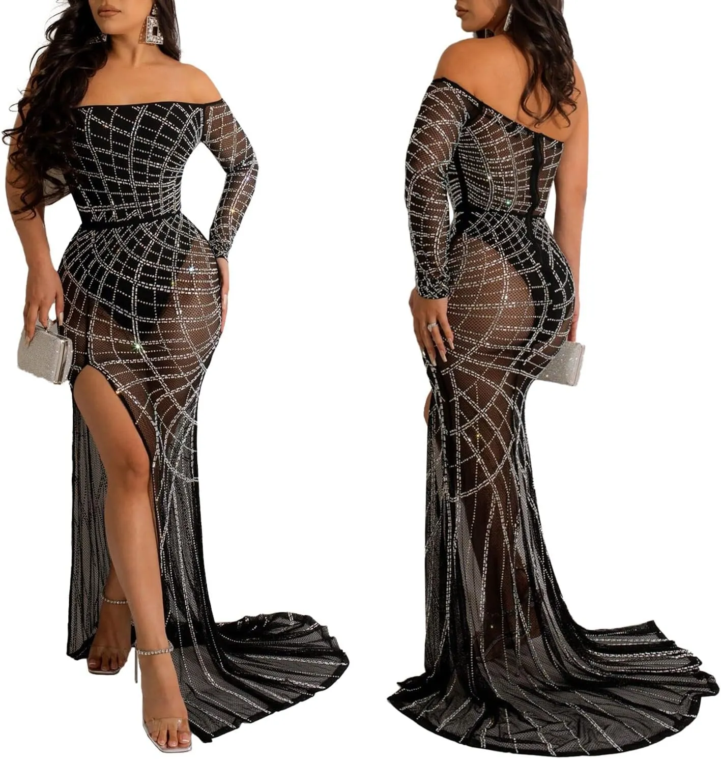PORRCEY Women Sexy Rhinestone Long Sleeve Mesh See Through Party Club Night Formal Evening Dress