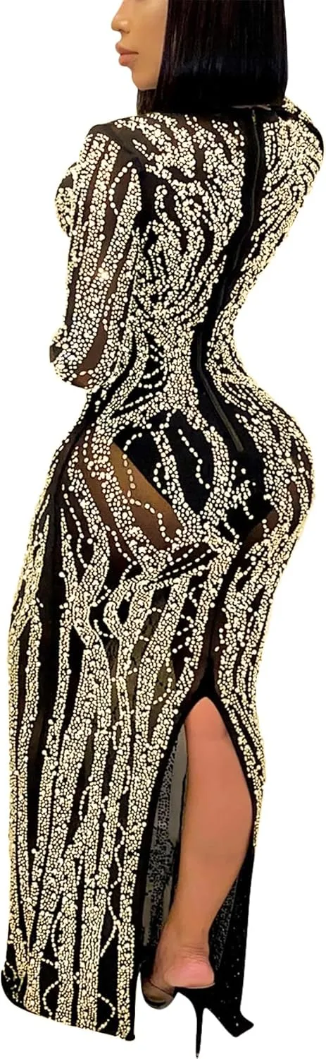 PORRCEY Women Sexy Rhinestone Long Sleeve Mesh See Through Party Club Night Formal Evening Dress