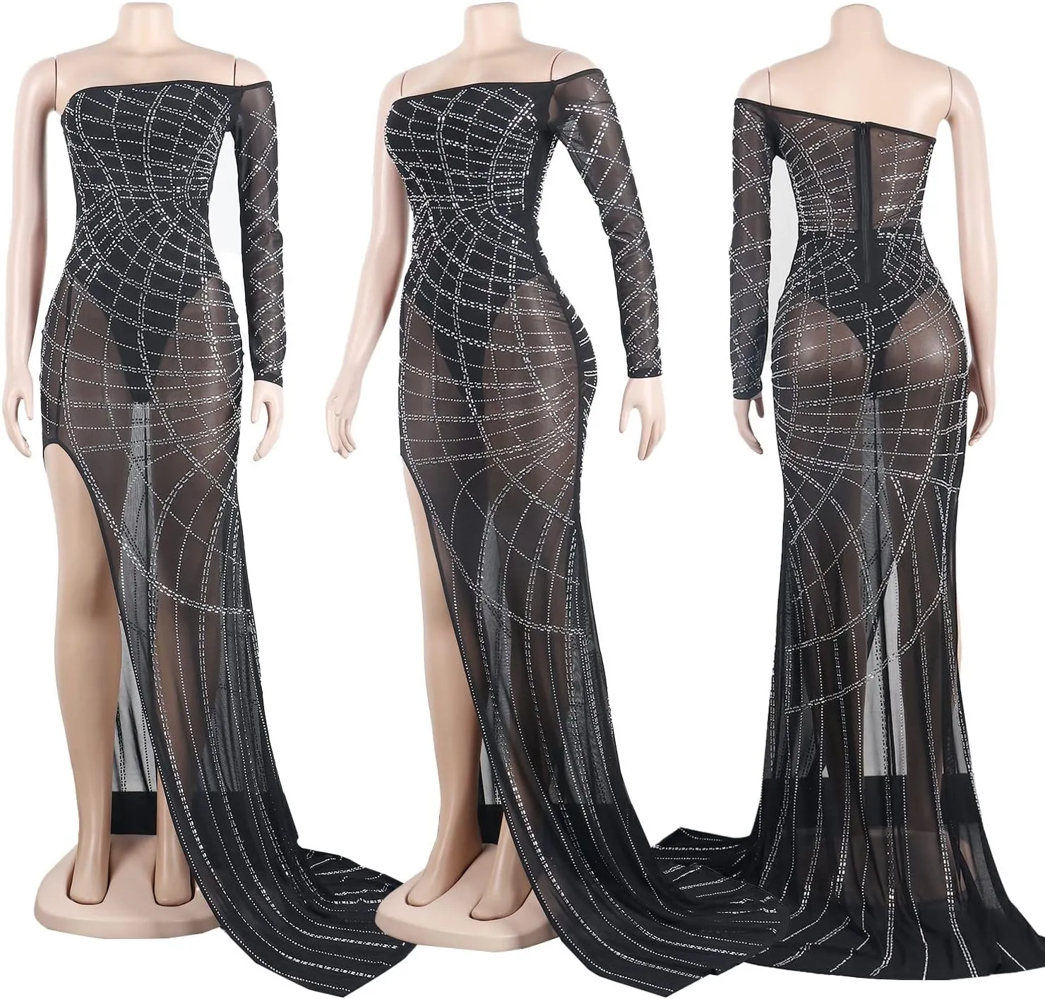 PORRCEY Women Sexy Rhinestone Long Sleeve Mesh See Through Party Club Night Formal Evening Dress
