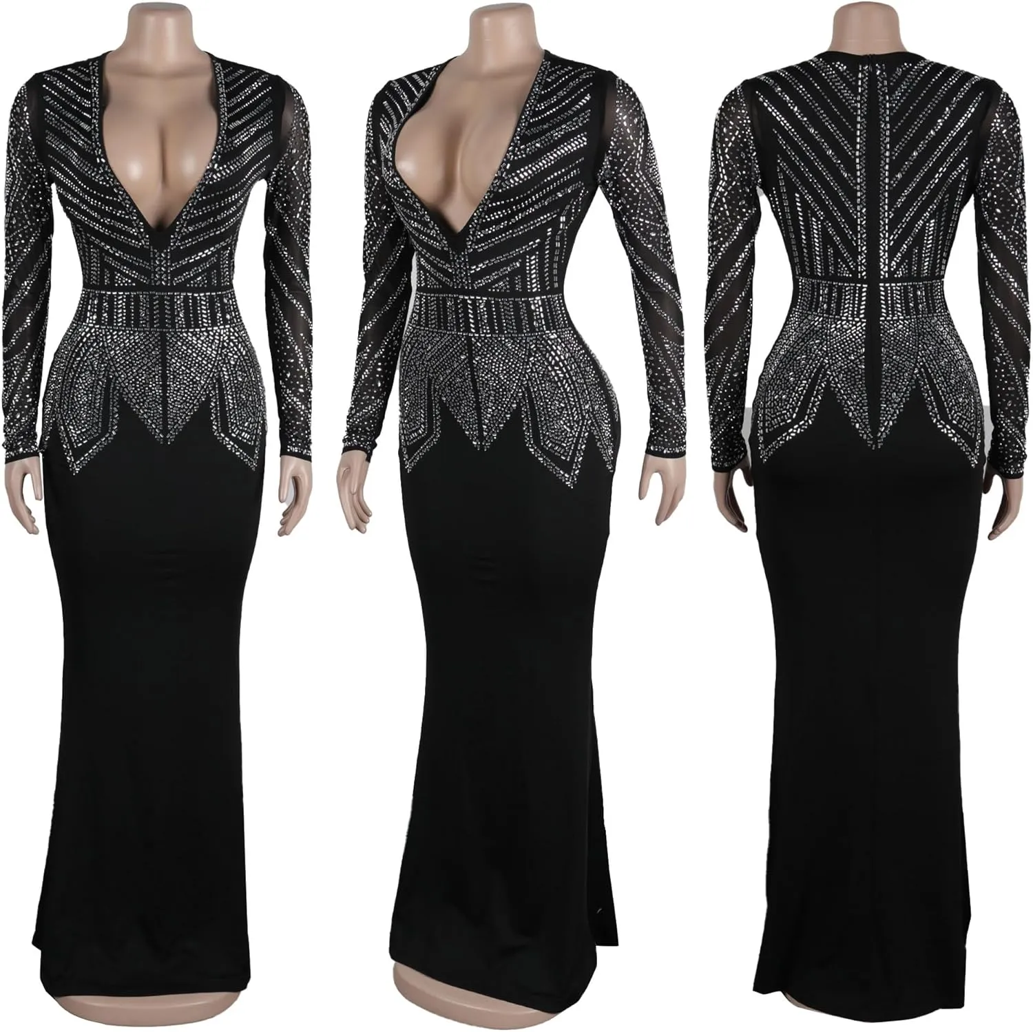 PORRCEY Women Sexy Rhinestone Long Sleeve Mesh See Through Party Club Night Formal Evening Dress