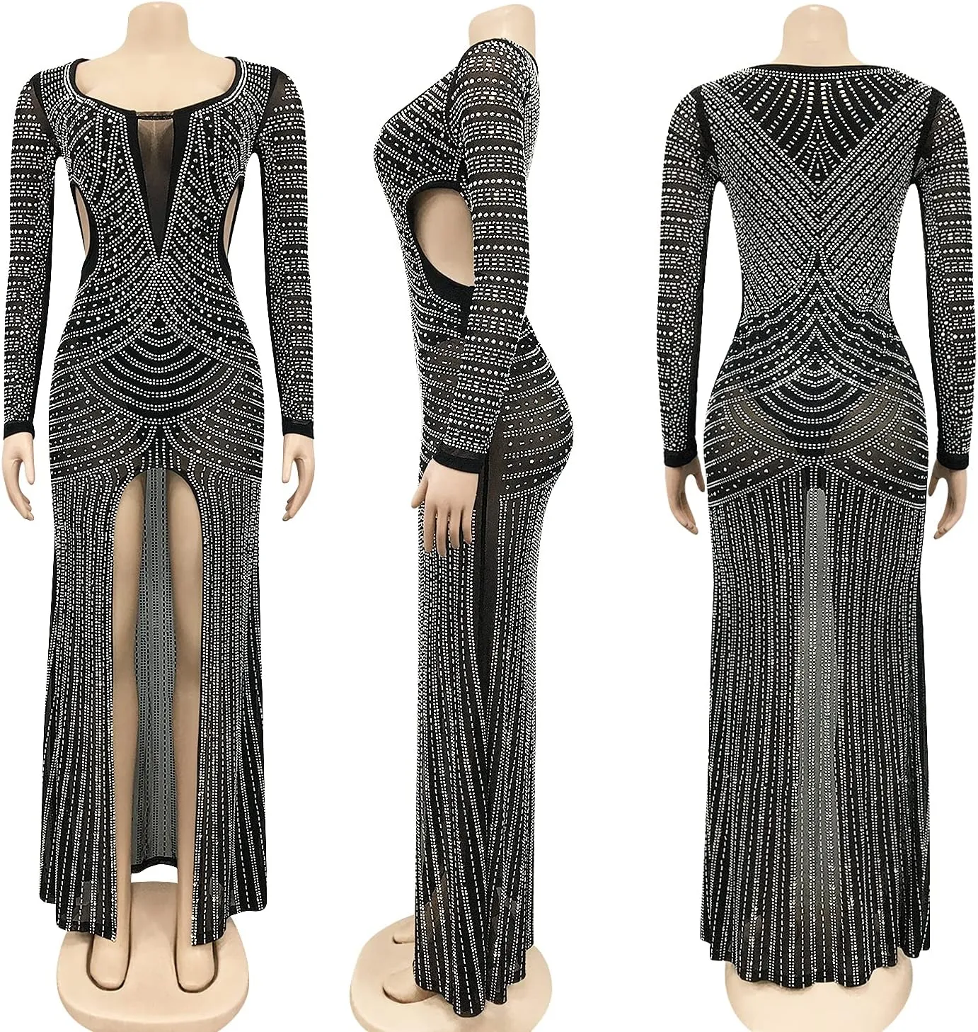PORRCEY Women Sexy Rhinestone Long Sleeve Mesh See Through Party Club Night Formal Evening Dress