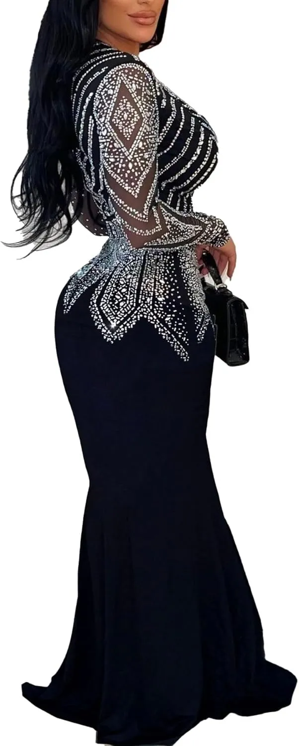PORRCEY Women Sexy Rhinestone Long Sleeve Mesh See Through Party Club Night Formal Evening Dress