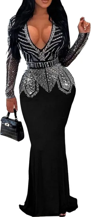 PORRCEY Women Sexy Rhinestone Long Sleeve Mesh See Through Party Club Night Formal Evening Dress