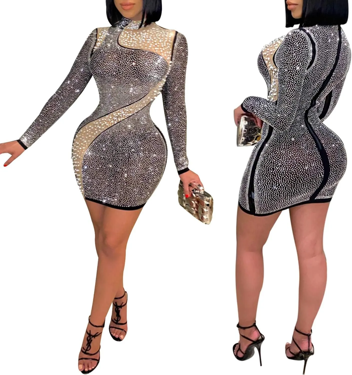 PORRCEY Women's Sexy Elegant Rhinestone Long Sleeve Mesh See Through Birthday Party Club Night Mini Dress
