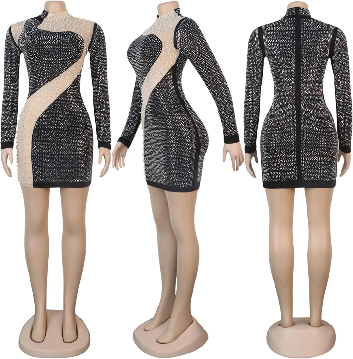 PORRCEY Women's Sexy Elegant Rhinestone Long Sleeve Mesh See Through Birthday Party Club Night Mini Dress