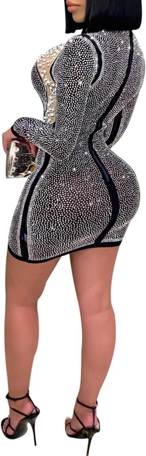 PORRCEY Women's Sexy Elegant Rhinestone Long Sleeve Mesh See Through Birthday Party Club Night Mini Dress
