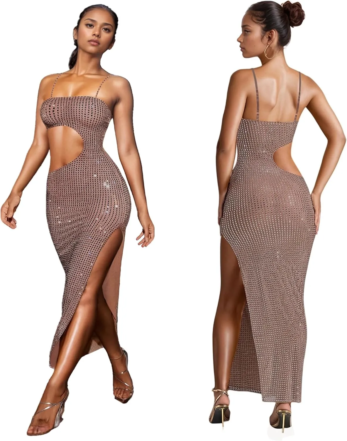 PORRCEY Women's Sexy Elegant Rhinestone Mesh See Through Bodycon Party Club Night Prom Dress