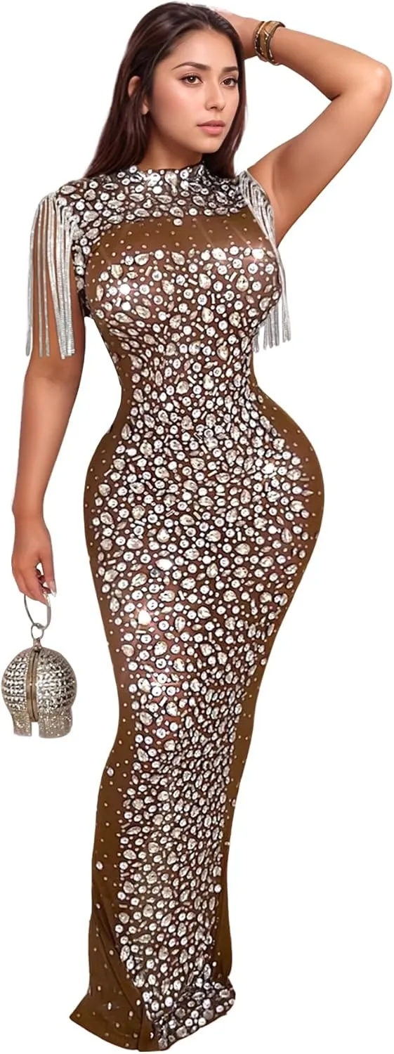 PORRCEY Women's Sexy Elegant Rhinestone Mesh See Through Bodycon Party Club Night Prom Dress