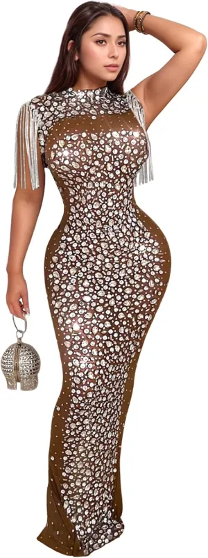 PORRCEY Women's Sexy Elegant Rhinestone Mesh See Through Bodycon Party Club Night Prom Dress
