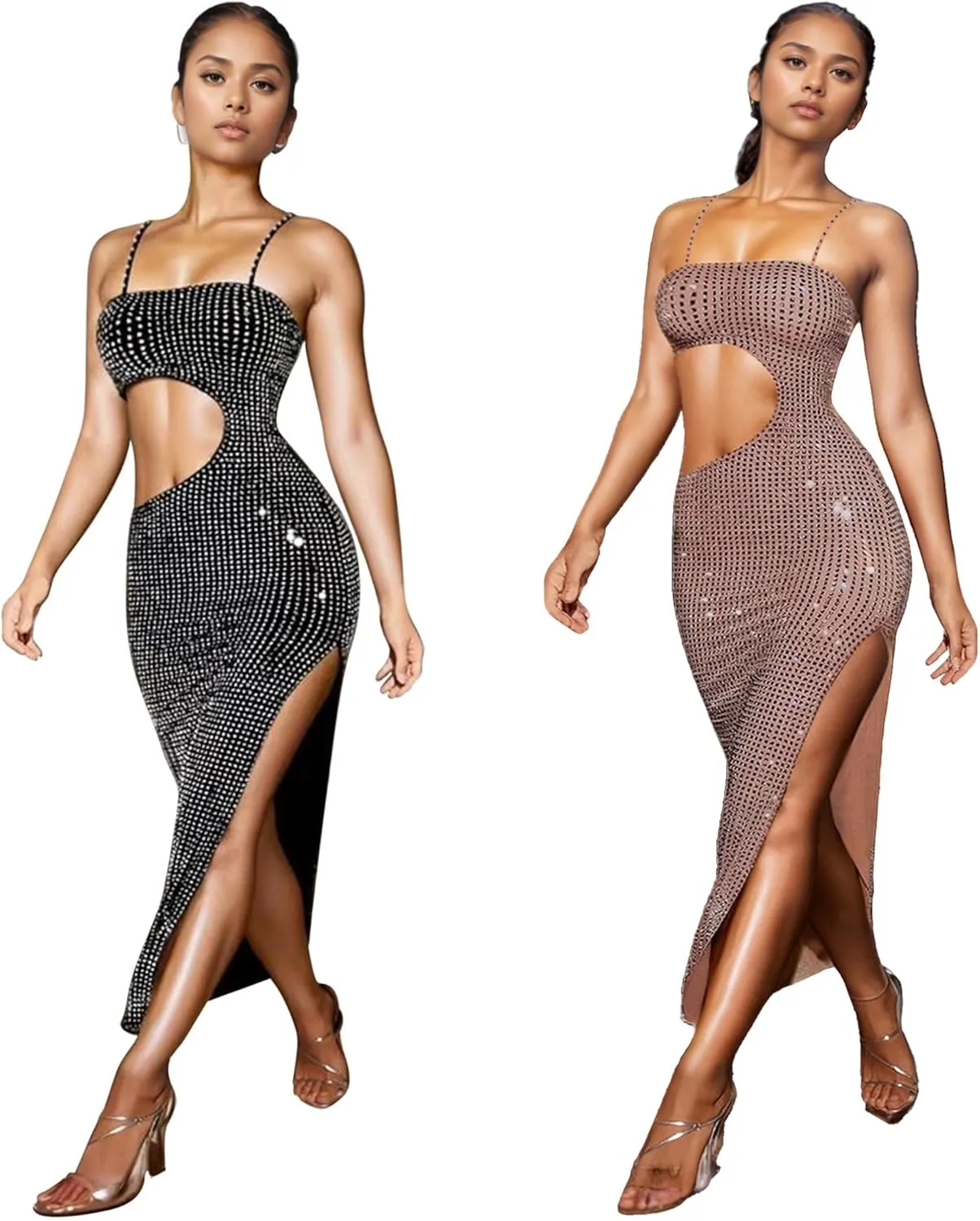 PORRCEY Women's Sexy Elegant Rhinestone Mesh See Through Bodycon Party Club Night Prom Dress
