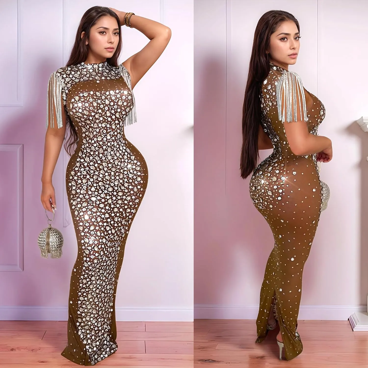 PORRCEY Women's Sexy Elegant Rhinestone Mesh See Through Bodycon Party Club Night Prom Dress