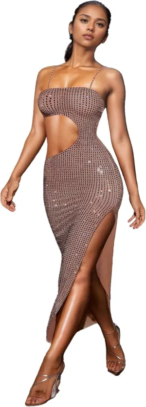 PORRCEY Women's Sexy Elegant Rhinestone Mesh See Through Bodycon Party Club Night Prom Dress
