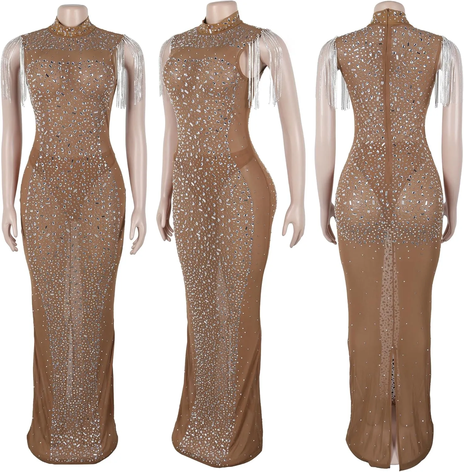 PORRCEY Women's Sexy Elegant Rhinestone Mesh See Through Bodycon Party Club Night Prom Dress