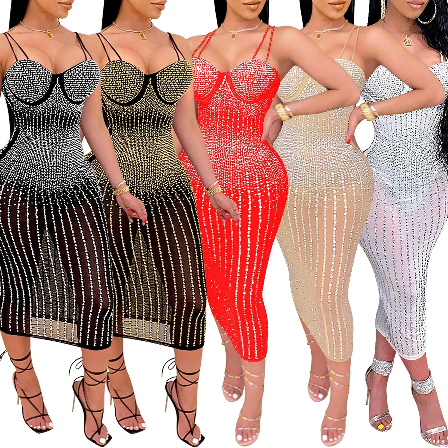 PORRCEY Women's Sexy Elegant Rhinestone Sleeveless Party Club Night Hot Drilling Clubwear Evening Dresses