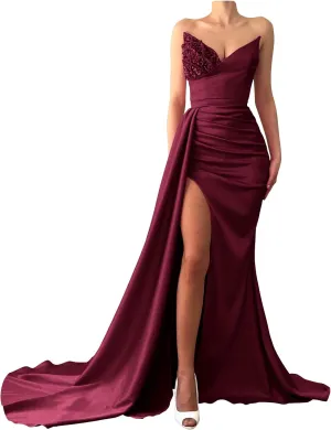 Prom Dresses 2025 Strapless Mermaid Sequin Beaded Satin Long Slit Evening Gowns for Women Bridesmaid Dresses