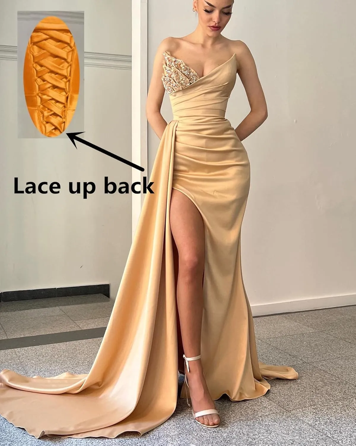 Prom Dresses 2025 Strapless Mermaid Sequin Beaded Satin Long Slit Evening Gowns for Women Bridesmaid Dresses
