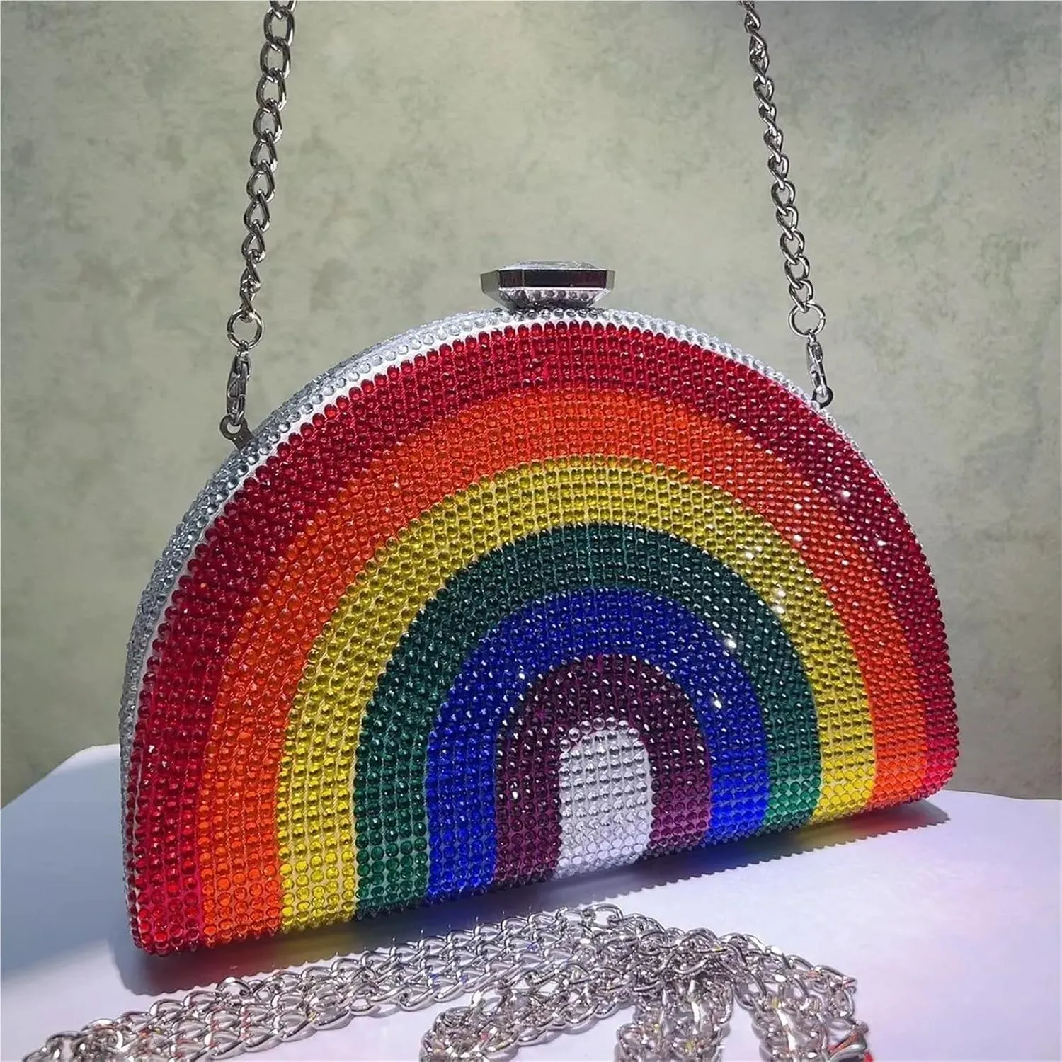 Rainbow Color Crystal Evening Clutch Bags Wedding Party Chain Bag Women Half Moon For Wedding Party Prom