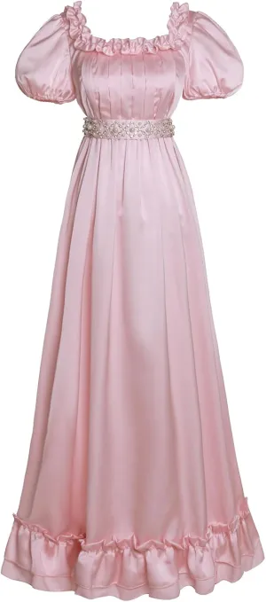 Regency Dresses for Women Elegant Ruffle Neck Puff Sleeve Empire Waist Dress