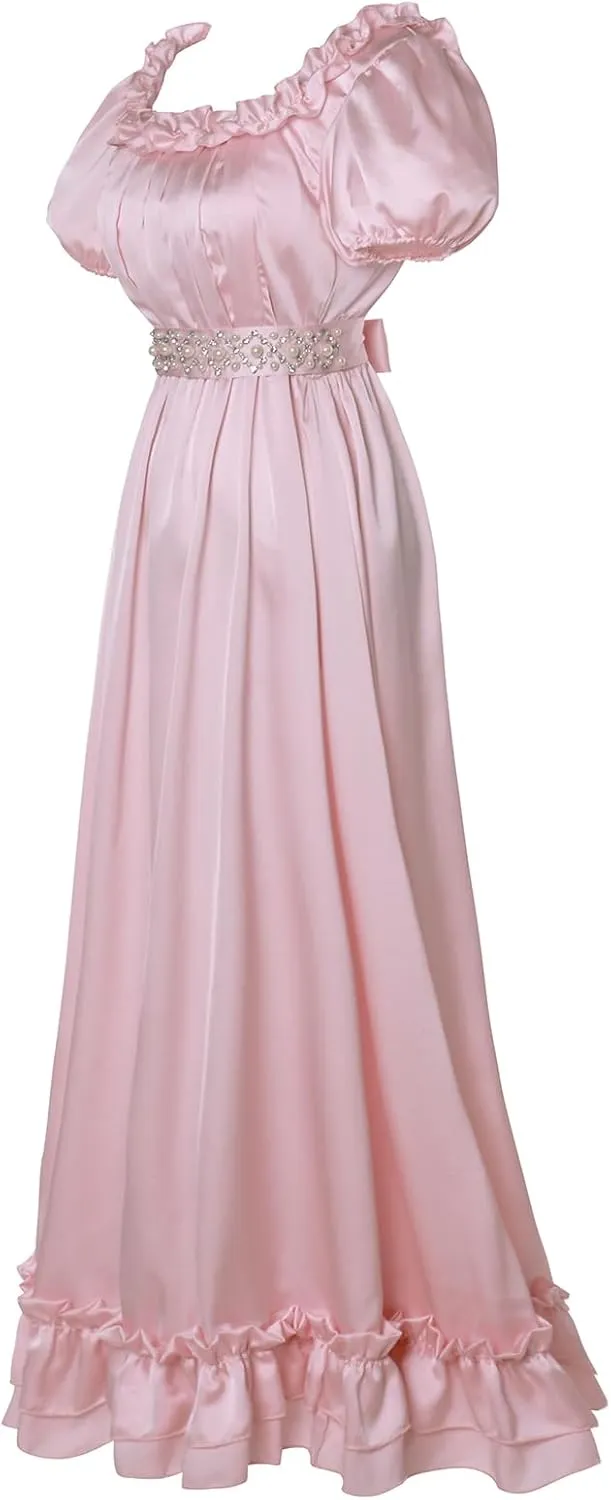 Regency Dresses for Women Elegant Ruffle Neck Puff Sleeve Empire Waist Dress