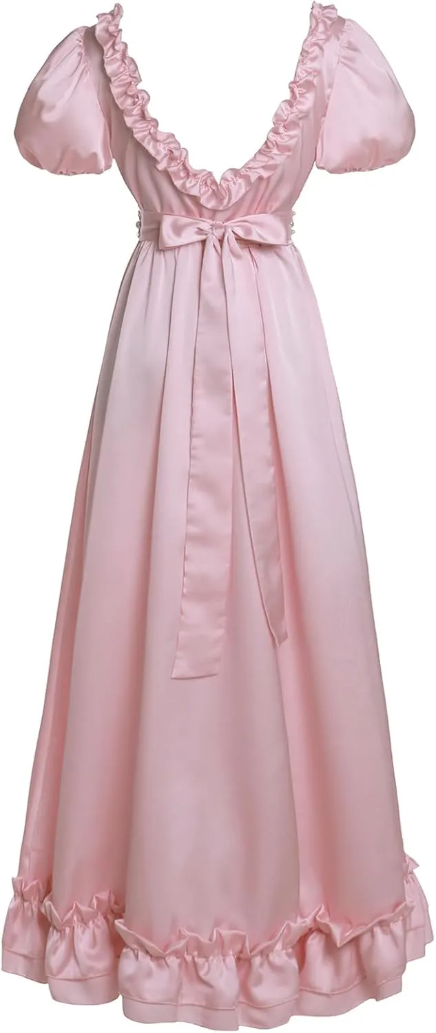 Regency Dresses for Women Elegant Ruffle Neck Puff Sleeve Empire Waist Dress