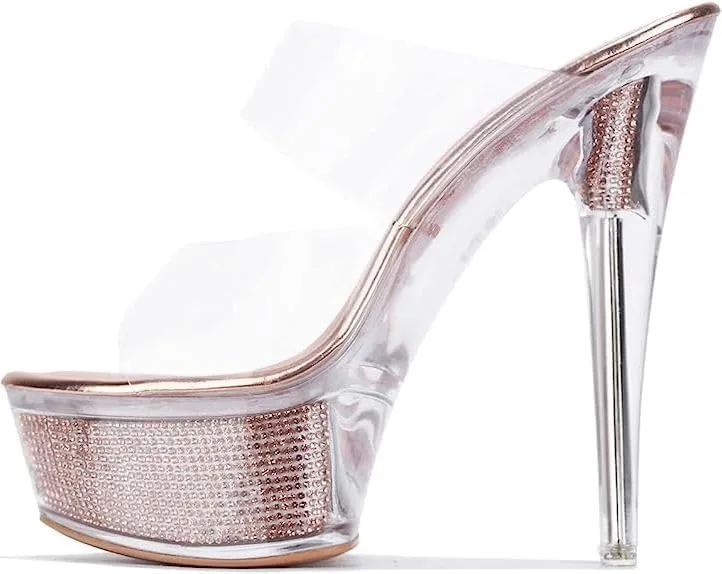 REVOL Ferrara Women's Stiletto Clear Heels with Platform, Slip On Platform Heels with Faux Rhinestone Women