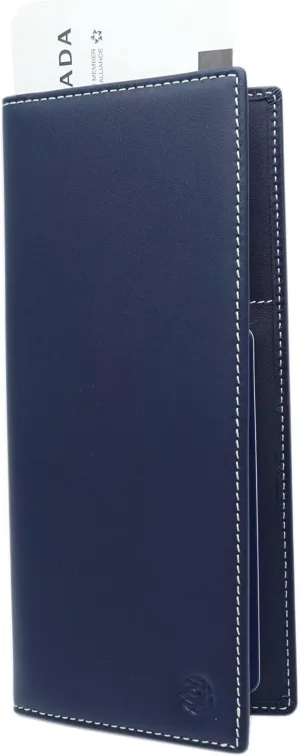 RFID Blocking Slim Minimalist Long Travel Wallet Genuine Leather Passport Holder Travel Cover (Dark Blue)