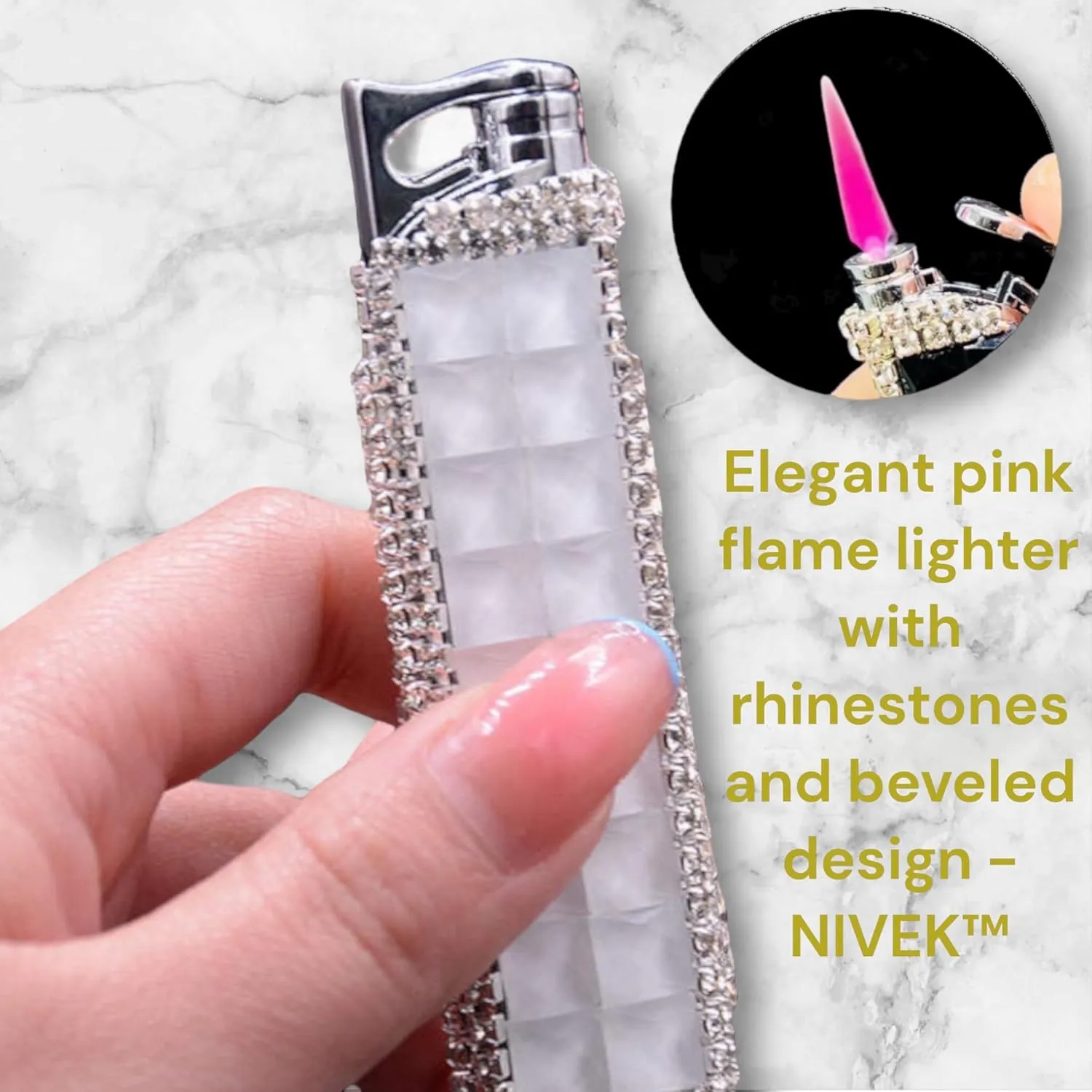 Rhinestone Bling Lighter Luxury Blue Flame Torch Refillable Windproof Elegant Evening Party Gift Luxe (White)