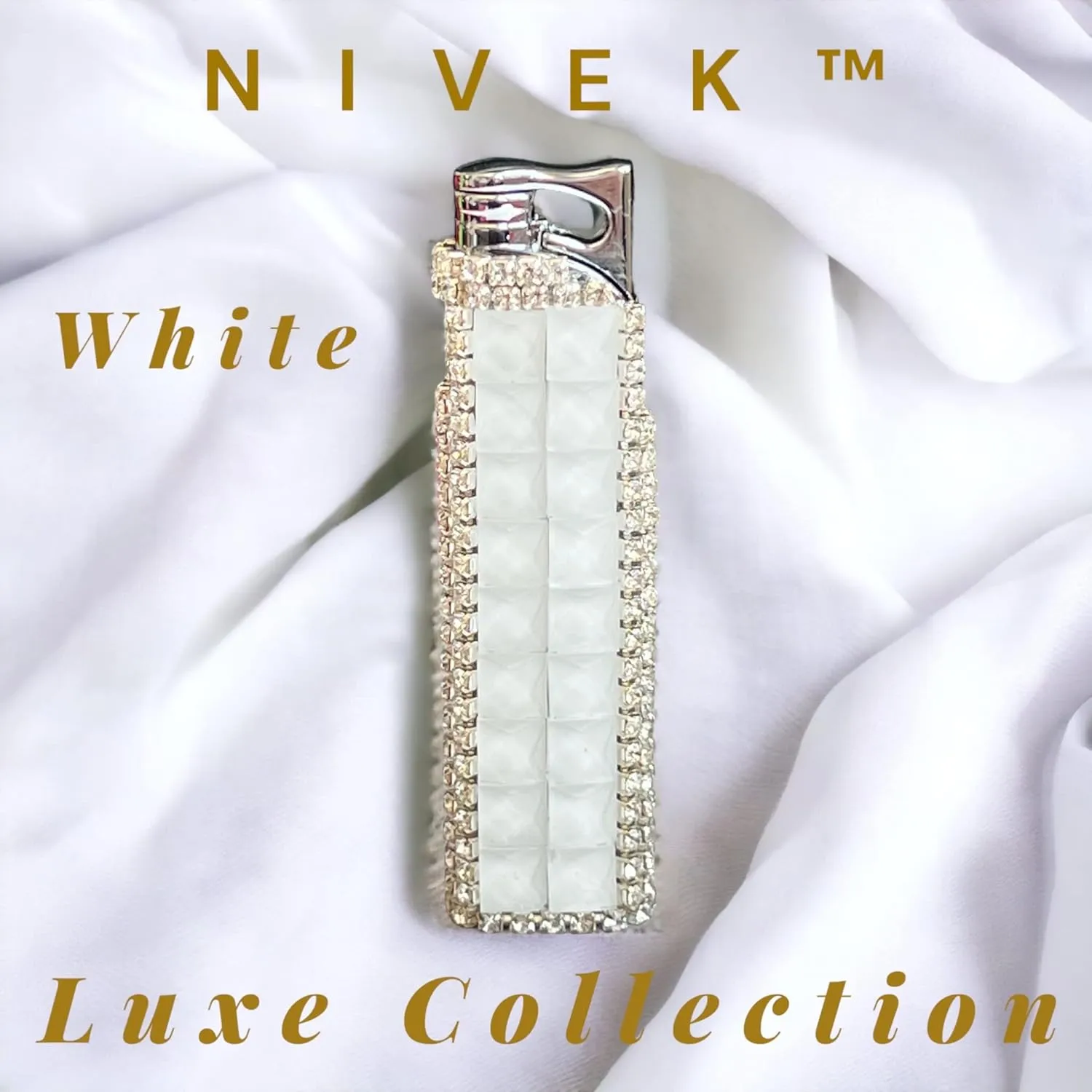 Rhinestone Bling Lighter Luxury Blue Flame Torch Refillable Windproof Elegant Evening Party Gift Luxe (White)