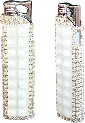 Rhinestone Bling Lighter Luxury Blue Flame Torch Refillable Windproof Elegant Evening Party Gift Luxe (White)