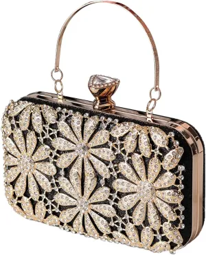 Rhinestone Flower Evening Bag for Women Sparkly Sequin Purse Crystal Clutch Bag Bridal Wedding Handbag Shoulder Bag