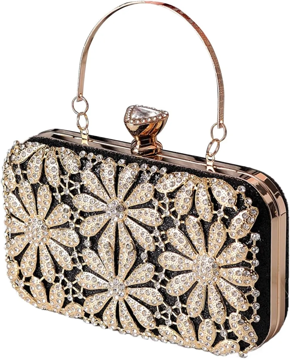 Rhinestone Flower Evening Bag for Women Sparkly Sequin Purse Crystal Clutch Bag Bridal Wedding Handbag Shoulder Bag