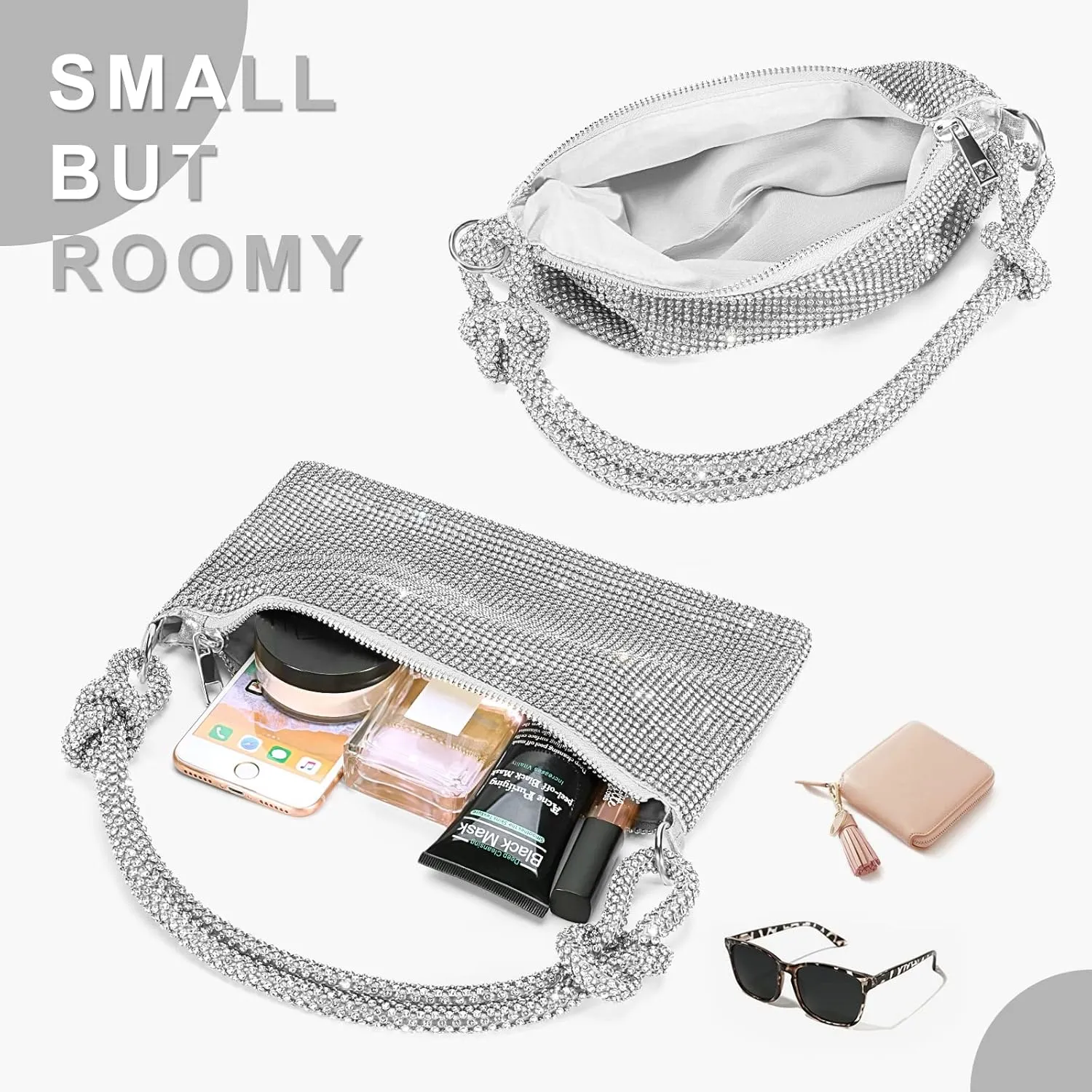 Rhinestone Purses for Women Chic Sparkly Evening Handbag Bling Hobo Bag Shiny Silver Clutch Purse for Party