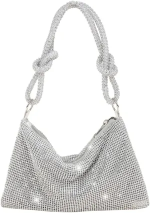 Rhinestone Purses for Women Chic Sparkly Evening Handbag Bling Hobo Bag Shiny Silver Clutch Purse for Party