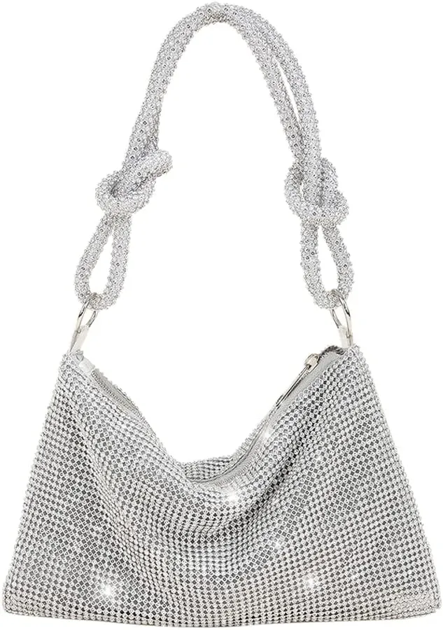 Rhinestone Purses for Women Chic Sparkly Evening Handbag Bling Hobo Bag Shiny Silver Clutch Purse for Party