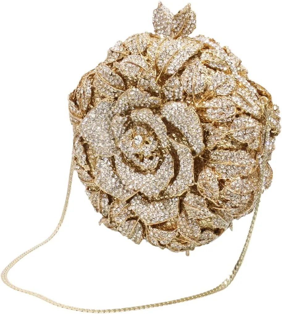 Rhinestone Rose Evening Clutch for Women Diamond Flower Cocktail Handbag Prom Party Shoulder Purse