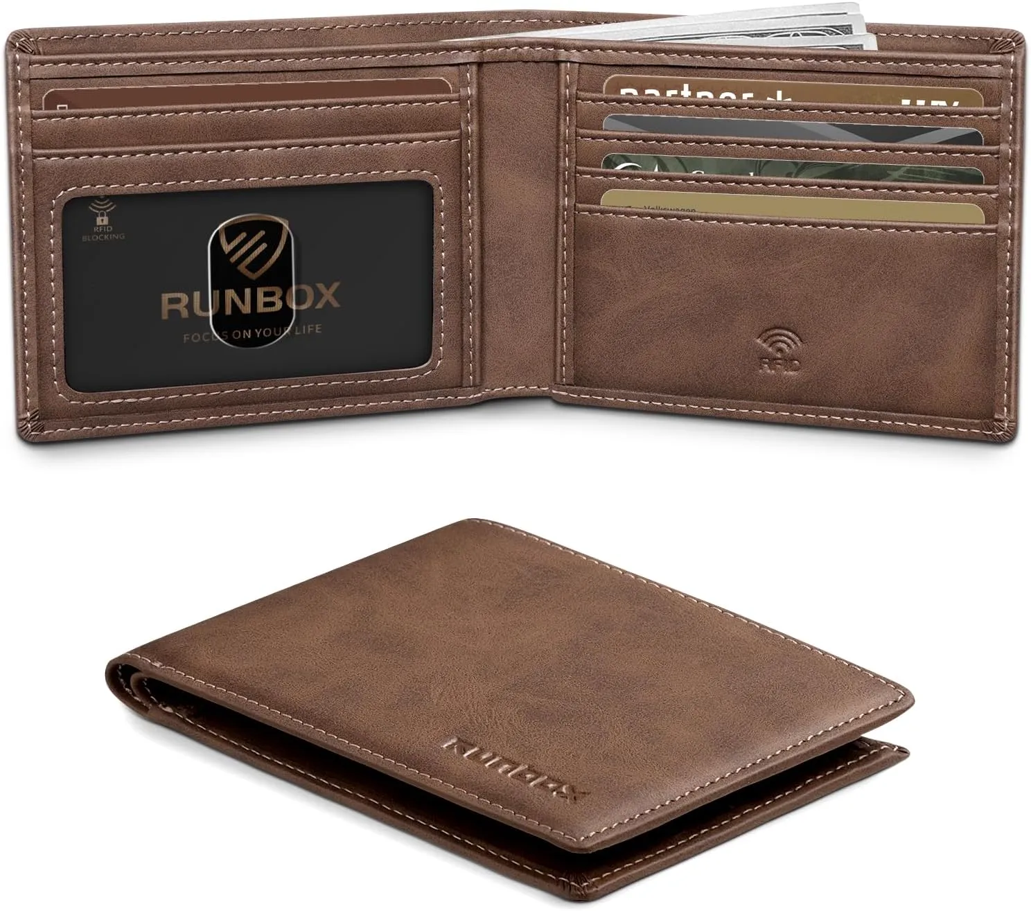 RUNBOX Wallet for Men,Mens Wallet,Slim Leather Bifold,RFID Blocking 8 Slots Gift Box