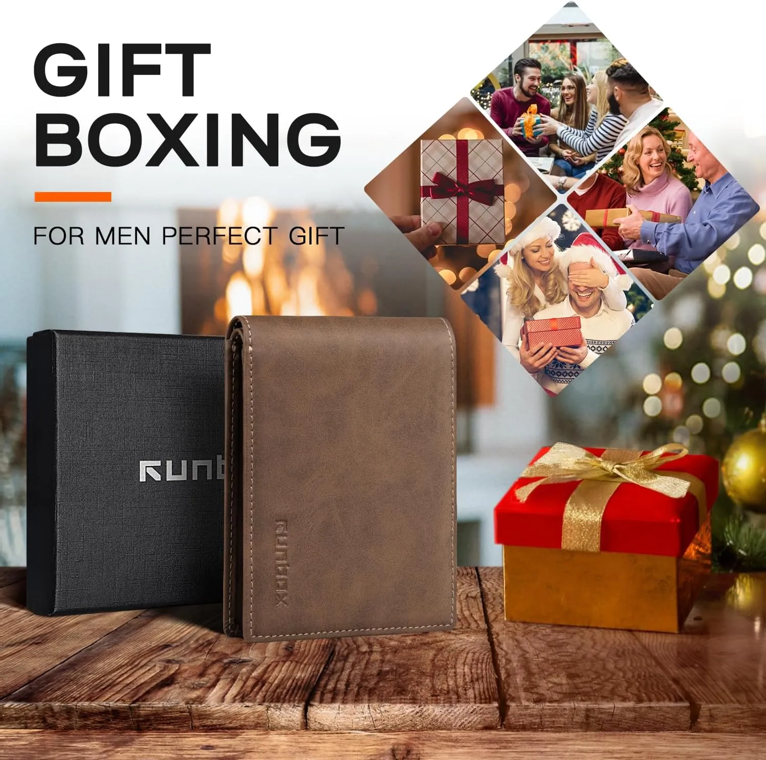 RUNBOX Wallet for Men,Mens Wallet,Slim Leather Bifold,RFID Blocking 8 Slots Gift Box