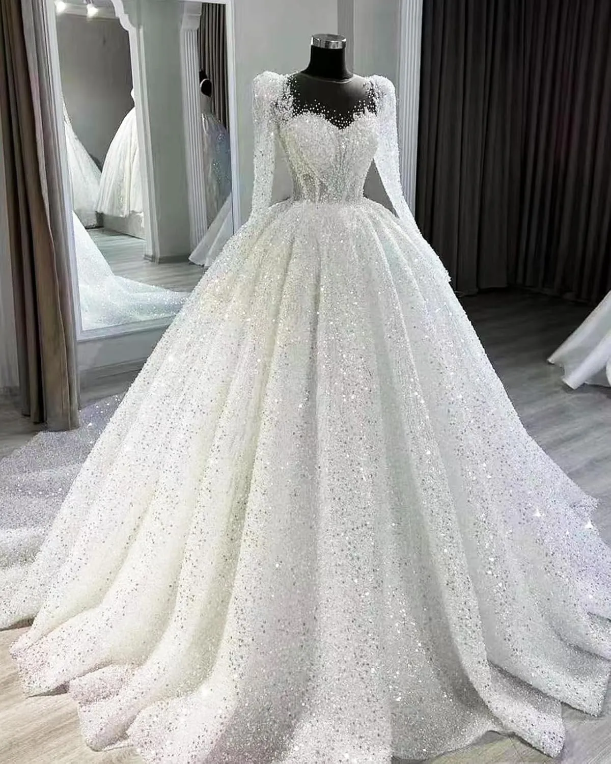 RYANTH Beaded Sequin Wedding Dress for Bride Sparkly Long Sleeves Bridal Ball Gown Luxury Wedding Dresses RDX-W29
