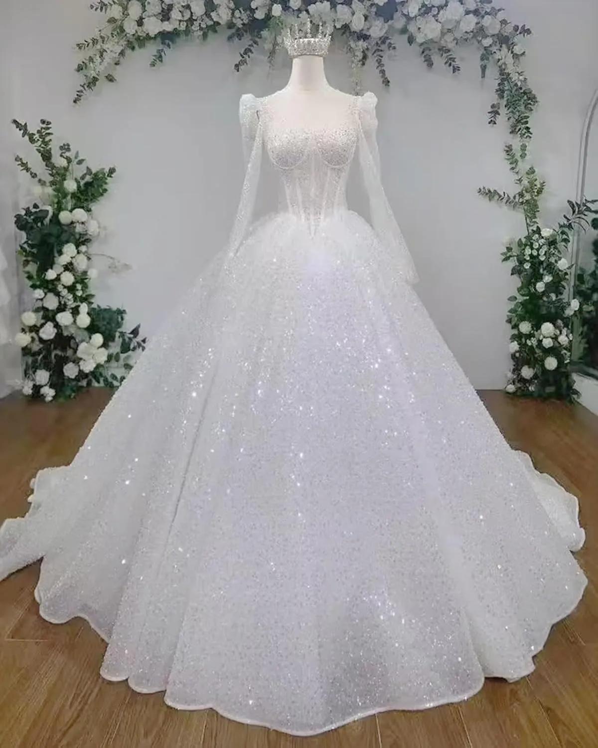RYANTH Beaded Sequin Wedding Dress for Bride Sparkly Long Sleeves Bridal Ball Gown Luxury Wedding Dresses RDX-W29