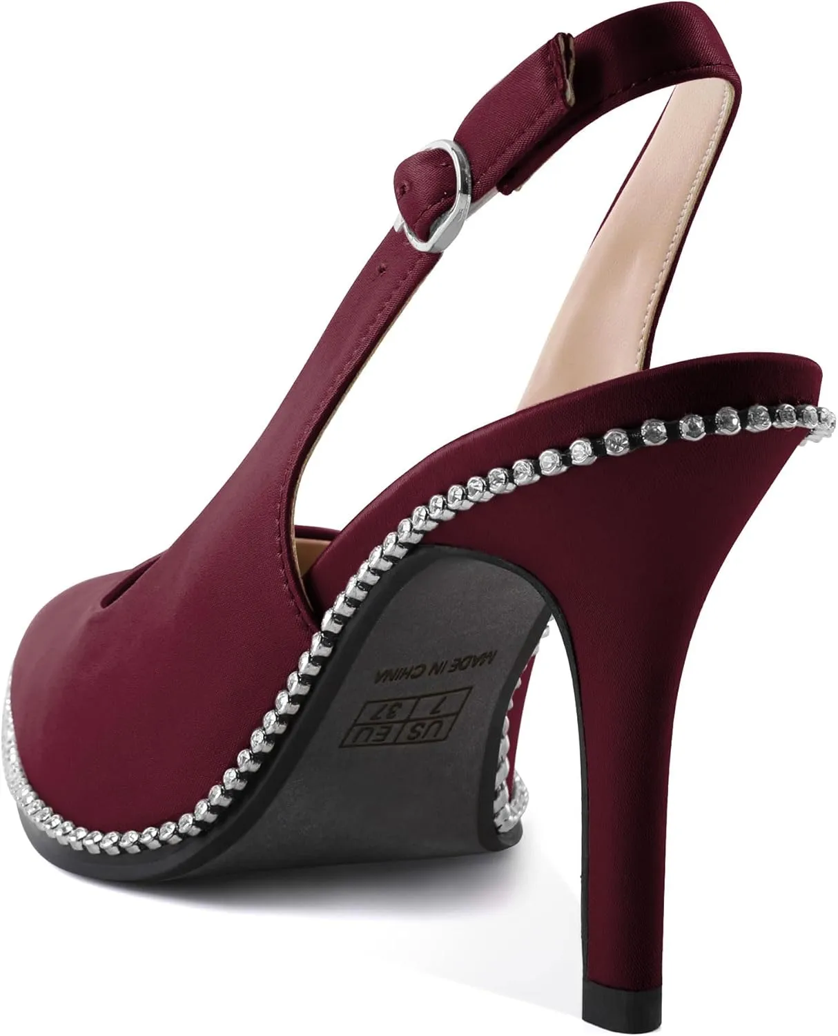 SAMMITOP Women's Slingback Heels Pointed Toe Stiletto High Heel Rhinestone Beaded Pumps 3.5 Inch Satin Wedding Party Dress Shoes