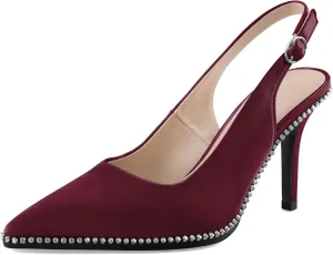 SAMMITOP Women's Slingback Heels Pointed Toe Stiletto High Heel Rhinestone Beaded Pumps 3.5 Inch Satin Wedding Party Dress Shoes