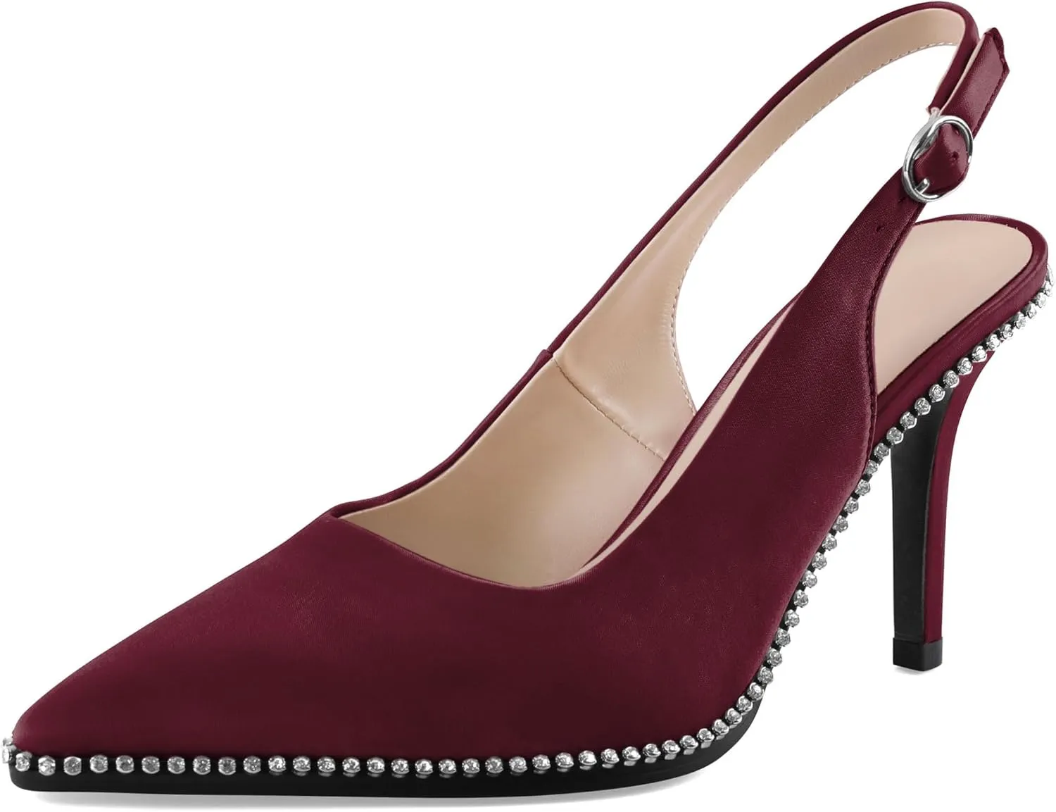 SAMMITOP Women's Slingback Heels Pointed Toe Stiletto High Heel Rhinestone Beaded Pumps 3.5 Inch Satin Wedding Party Dress Shoes