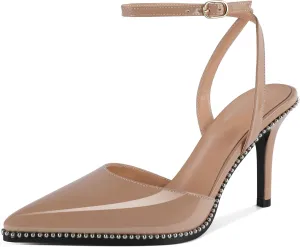 SAMMITOP Women's Slingback High Heels Strappy Closed Ponited Toe Stilettos Silver Beaded Ankle Strap Wedding Party Dress Pumps Shoes 3.5 Inch