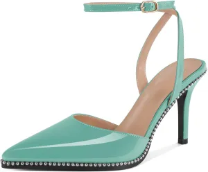 SAMMITOP Women's Slingback High Heels Strappy Closed Ponited Toe Stilettos Silver Beaded Ankle Strap Wedding Party Dress Pumps Shoes 3.5 Inch