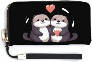 Sea Otters Long Wallet PU Leather Credit Card Holder Minimalist Coin Purse with Hand Strap
