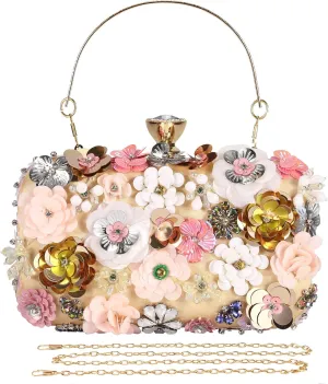 Selighting Colorful Flower Clutch Purse for Women Formal Evening Bag Beaded Pearl Purse for Wedding Prom Party Handbags